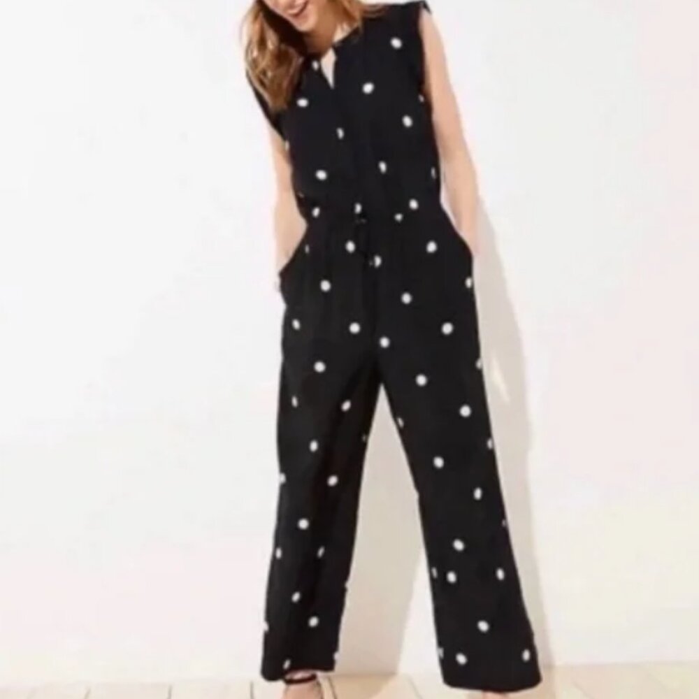 LOFT Polka Dot Sleeveless Ruffle Shoulder Jumpsuit - Large